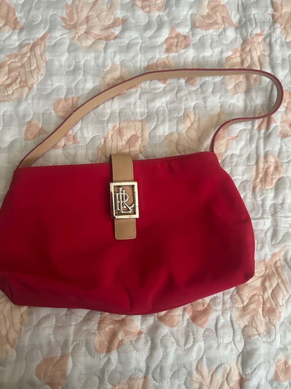 Lauren Ralph Lauren Red Shoulder Bag with Tan Strap